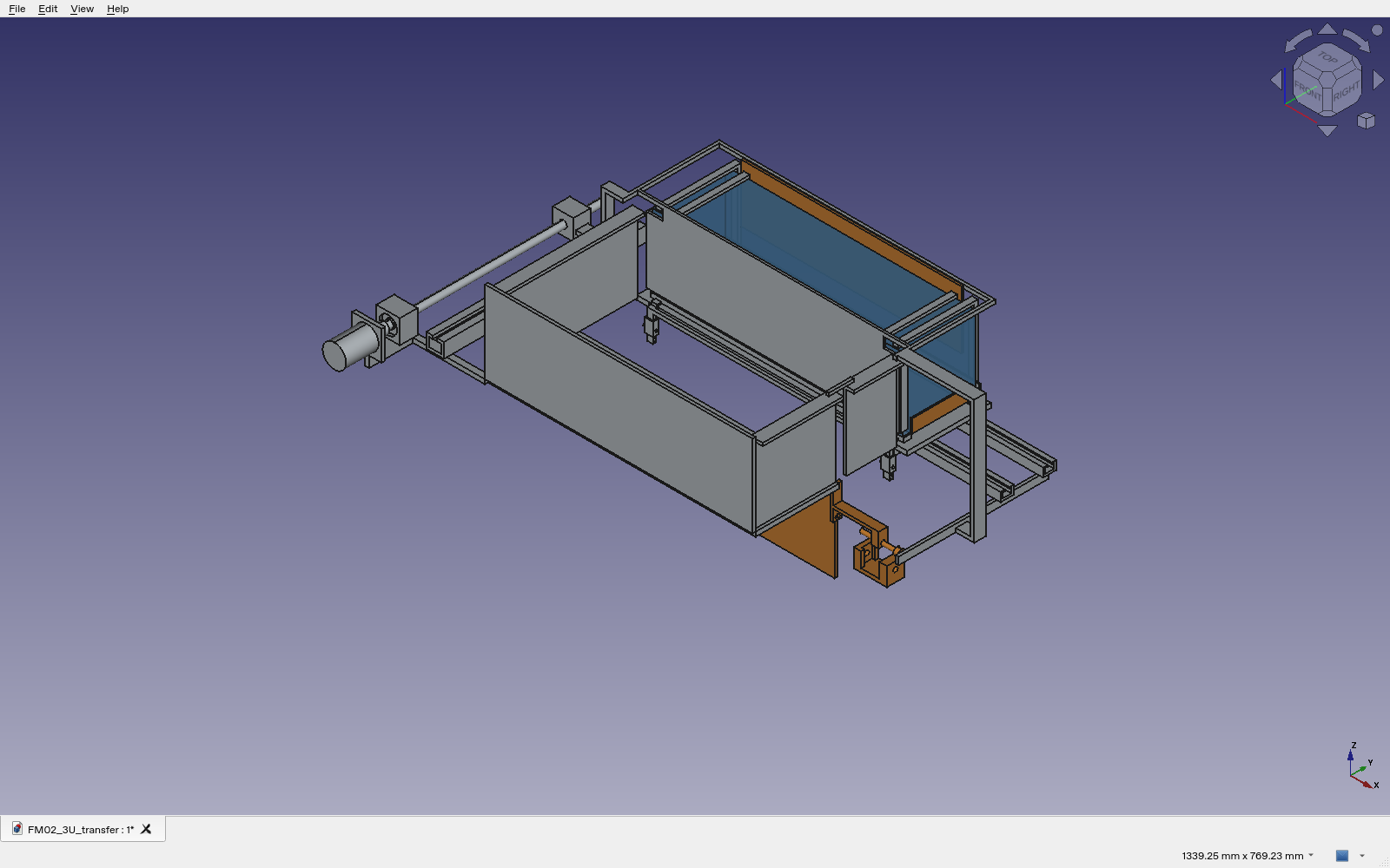 Actual FreeCAD view of the unselected FM-02 captive-transfer mechanism
