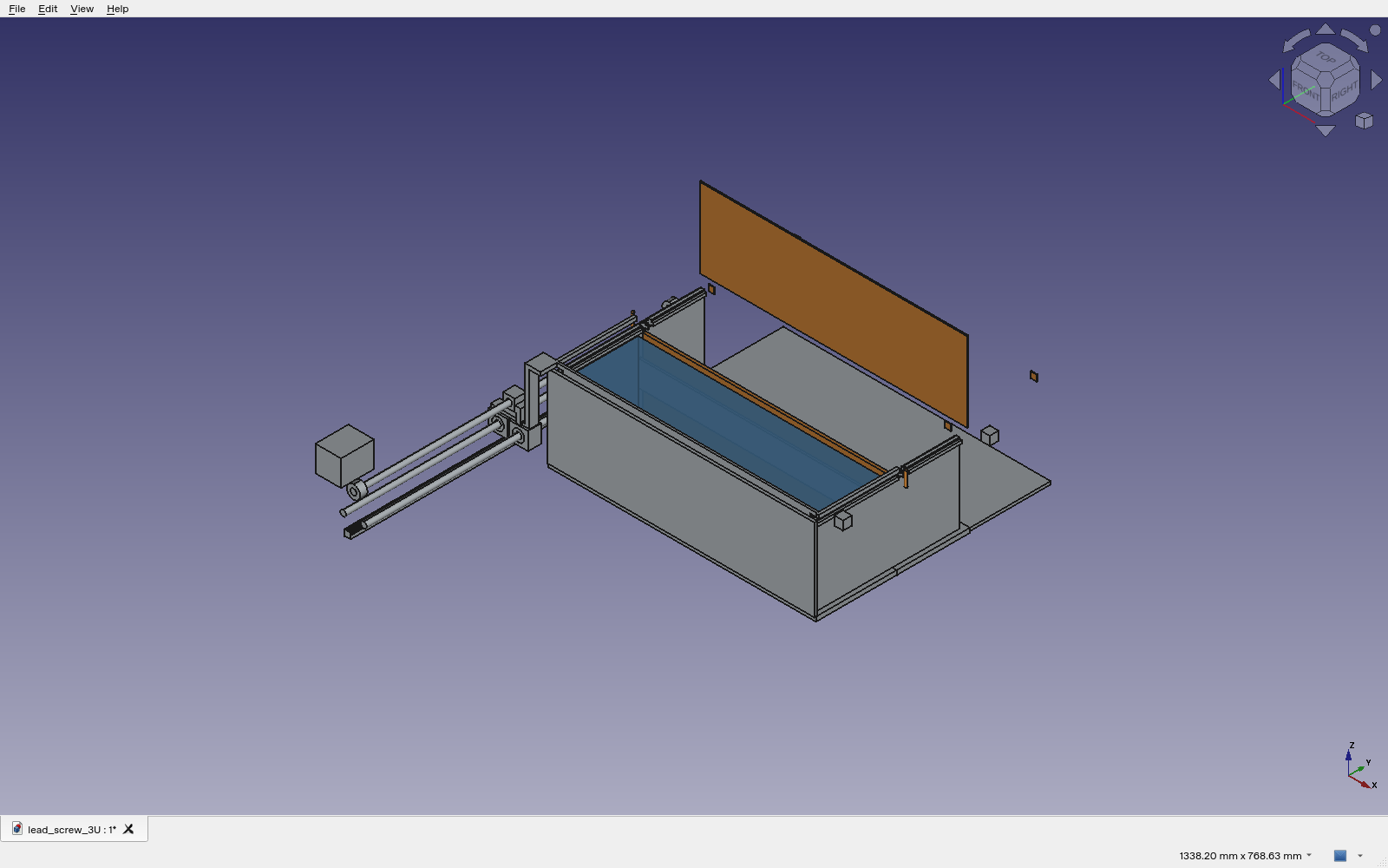Genuine FreeCAD Python-hosted native viewport showing the FDR-08 lead-screw candidate assembly