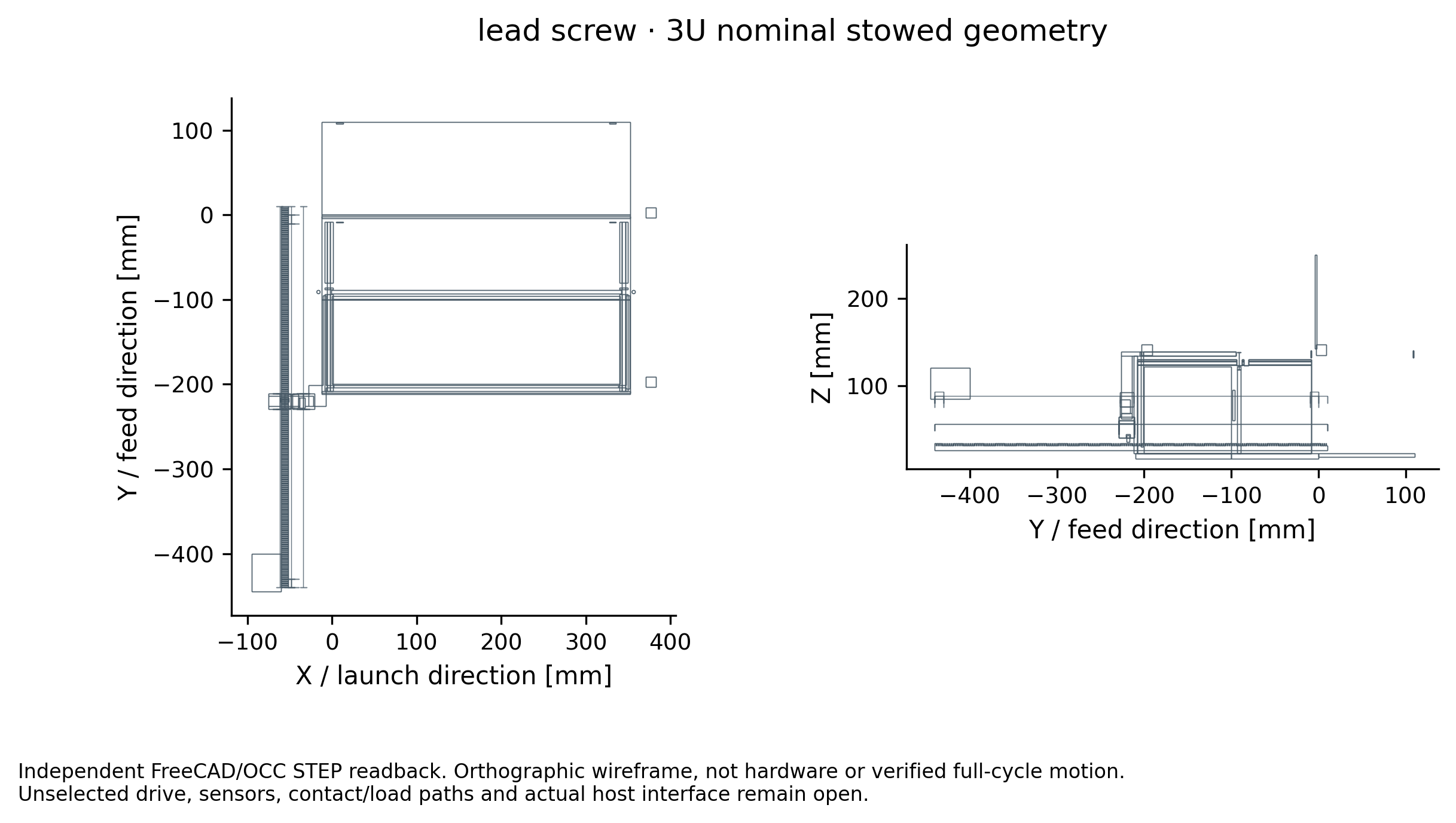 Independent STEP-derived plan and side views of the unselected three-unit lead-screw transfer reference
