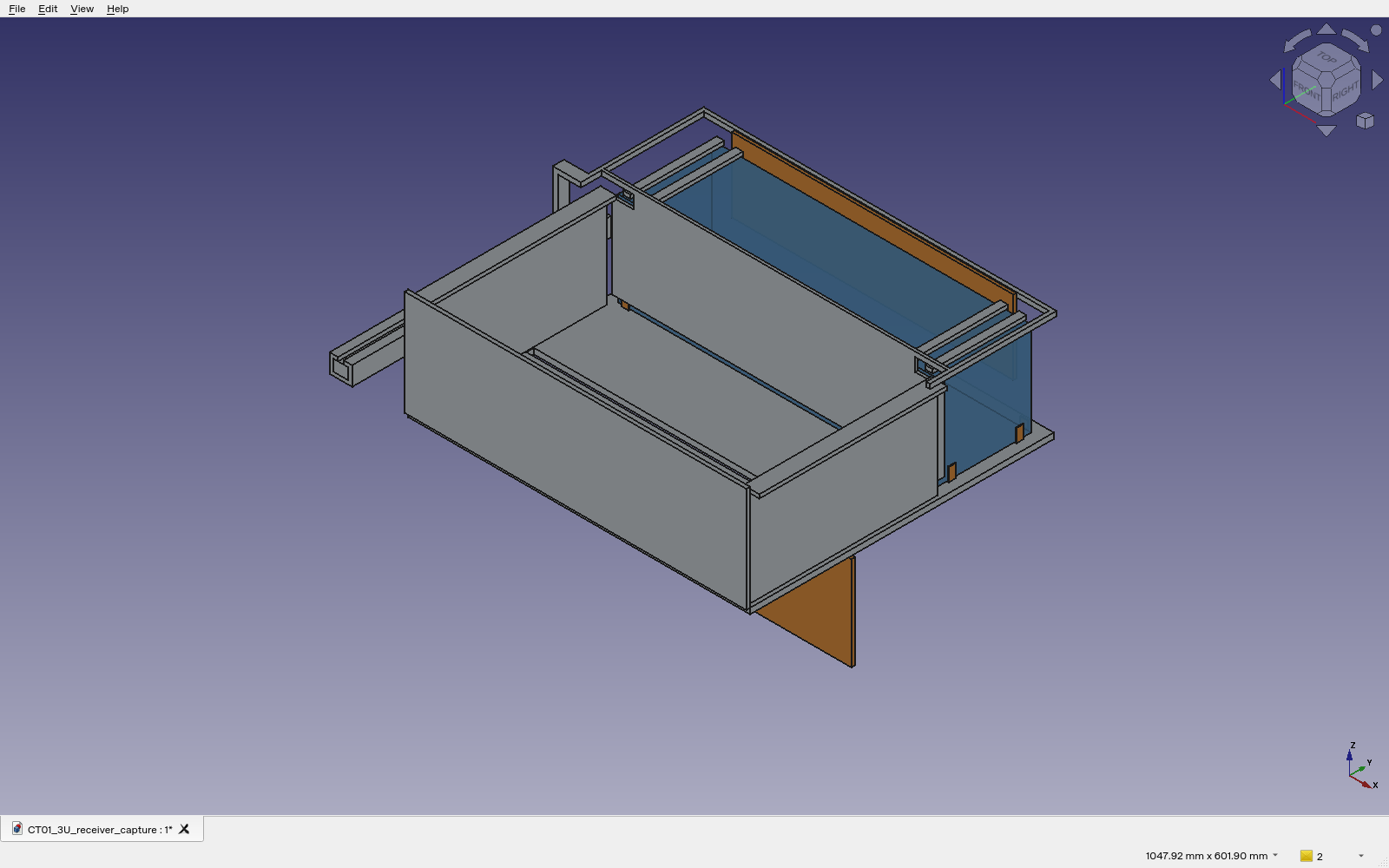 Actual FreeCAD native application viewport of the CT-01 receiver-capture pose